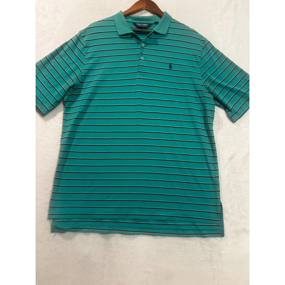Polo Golf Ralph Lauren Collared Shirt Teal Striped Pima Cotton Large Thrashed